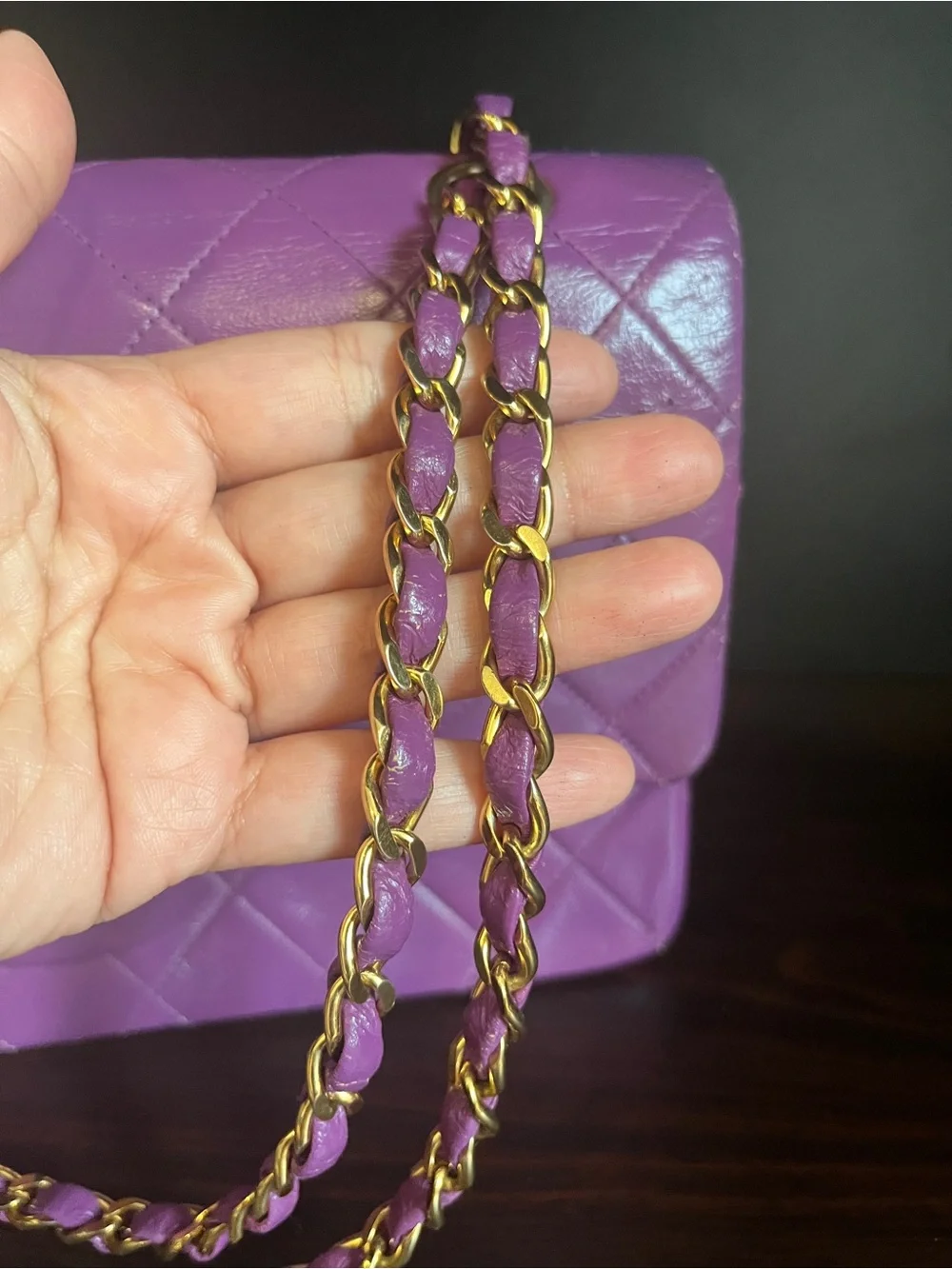 CHANEL Quilted Lambskin Shoulder Bag in Vibrant Purple 24KT Gold plated Chain - Picture 9 of 10